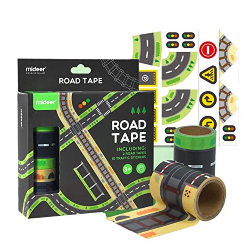 Clorful Imaginative Road Tape for Kids Toy Cars, 2 Rolls of 16.4ft x2.4 inch Adhesive Railway & Highway Tracks with Traffic Signs and Curved Roads.