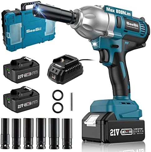 Seesii Cordless Impact Wrench, 580Ft-lbs(800N.m) Brushless Impact Wrench 1/2 inch, 3300RPM High Torque Impact Gun w/ 2x 4.0Ah Battery,Charger & 6 Sockets, Electric Impact Wrench for Car Home, WH710