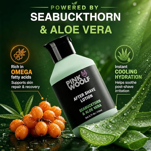 Image of Pink Woolf After Shave Lotion for Men - Seabuckthorn & Aloe Vera | Sensitive Skin Post Shave Care | Razor Burn Relief, Alcohol Free, Hydrating After Shave Moisturizer | 110 ml