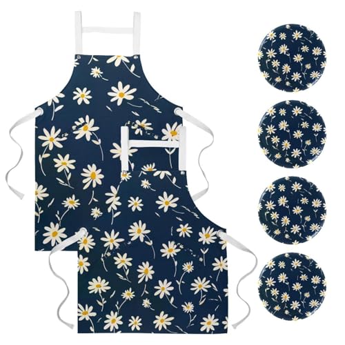 Tabliers de cuisine imprimé marguerites lot de 2 tabliers homme femme imperméables avec poches