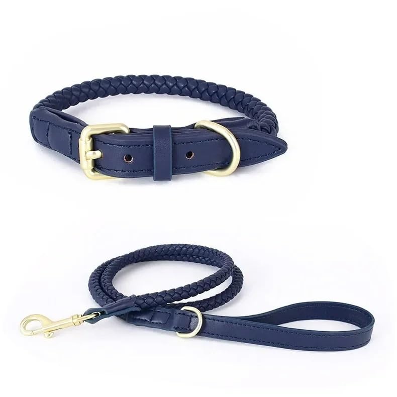 Collier chien cuir tressé main bleu M de haute qualité et élégant pour balades
