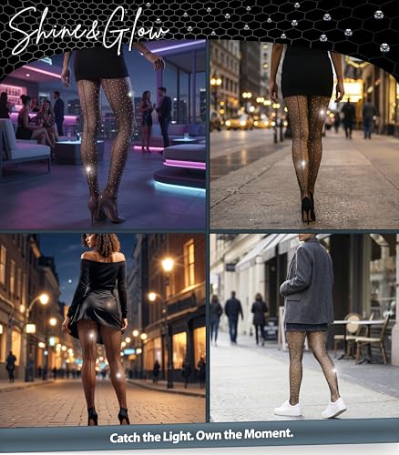 Image of Rhinestone Fishnet Tights with Back Seam for Women - High Waist Sparkling Pantyhose, Seamless Nude Mesh Stockings, Glitter Stretch Hosiery for Party, Dance, Clubwear (S-L)
