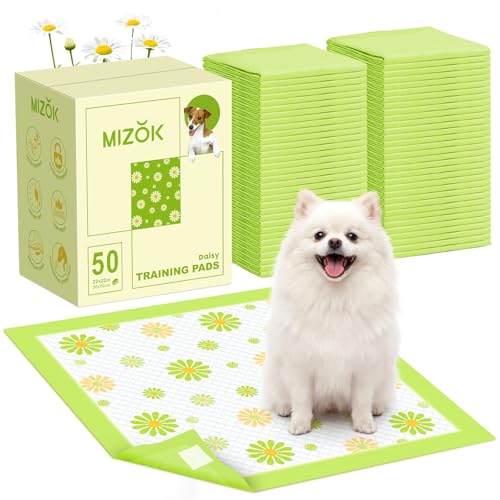 Image of MIZOK Puppy Pads 22 inchx22 inch, Dog Pee Pads 6-Layer Super Absorbent & Leak-Proof, Daisy Pattern, 4-Corner Adhesive Tabs, Wee Wee Pads for Puppies & Small Dog Breeds, Regular Size (50 Counts)