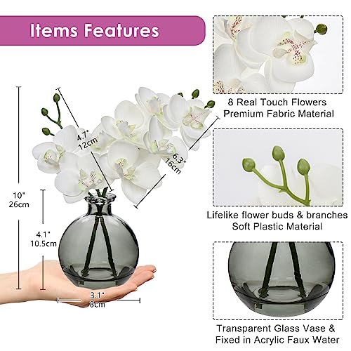 Hollyone 2pcs Artificial White Orchid Flower in Vase, Small Fake Orchid Plant with Glass Vase - Image 2