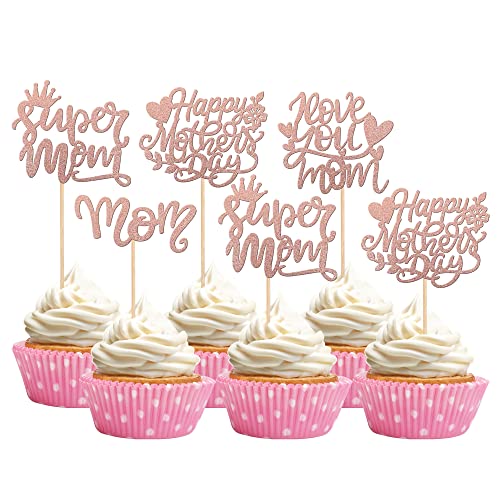 24 PCS Happy Mother's Day Cupcake Toppers Glitter Super Mom Cupcake Picks Love You Mom Cake Decorations for Happy Mother's Day Theme Women Birthday Party Cake Decorations Supplies Rose Gold
