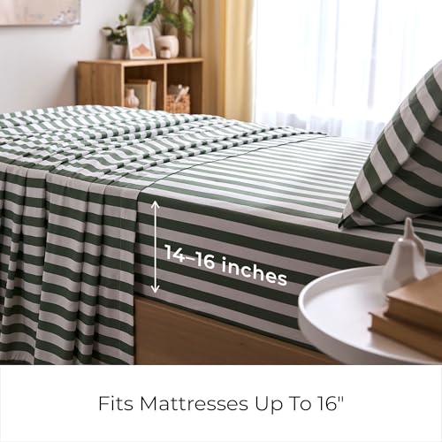 Image of Mellanni Twin Sheets Set - 3 PC Iconic Collection Bedding | Hotel Luxury, Extra Soft, Cooling Bed Sheets - Wrinkle, Fade, Stain Resistant (Twin, Oxford Stripe Sage)