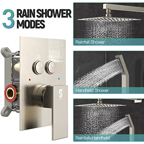 Sr Sun Rise Shower System With Push Button Diverter Bathroom Luxury 12 Inch Rain Shower Head With Handheld Spray, High Pressure Shower Faucet Combo Set With Rough-In Valve & Trims, Brushed Nickel #TOP1