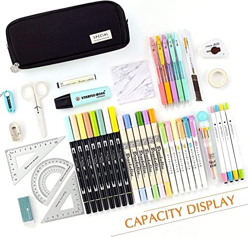 Image of OSDUE Canvas Premium Pencil Case, 6 Layer, 3 Compartments, Large Capacity, Cute Aesthetic Design for Girls, Multifunctional Pouch for School Kids, Black, Horizontal