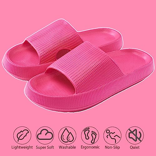 rosyclo Pillow Slippers for Women and Men, Cloud Shower Shoes Bathroom Slides Non-Slip Quick Drying Super Soft Comfy House Cloud Cushion Slide Sandals for Indoor & Outdoor, Hot Pink