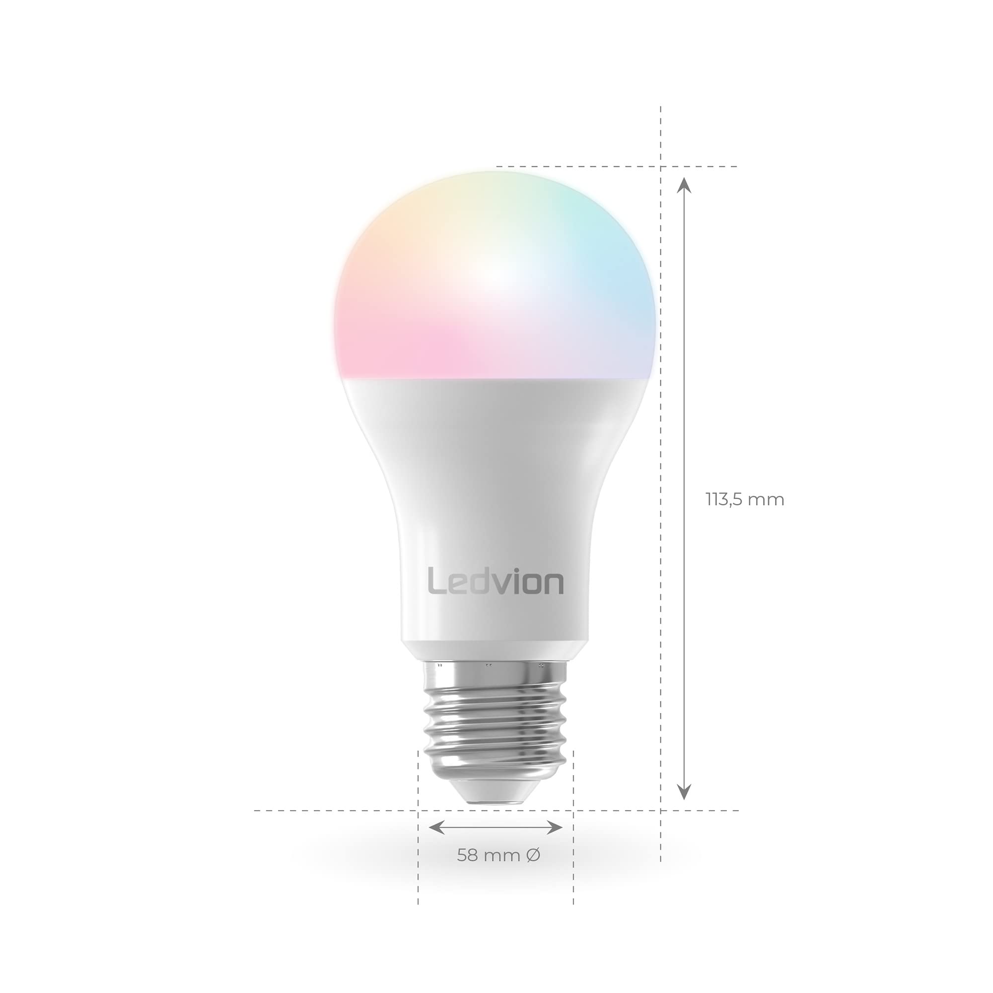 Ledvion - 6X Lámparas LED E27 SMART RGB+CCT, 8W, 806 Lúmenes, Iluminación Wi-Fi, Regulable, Alexa y Google Home