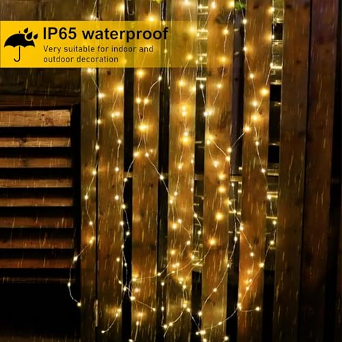2 Stück Lichterkette Klein 2m 200 LED Lichterschweif Mit Batterie Und Fernbedienung, 8 Modi Wasserfall Lichterketten Wasserdicht Lichterbündel, LED Lichterbündel Für Innen Außen Garten Deko (Warmweiß)
