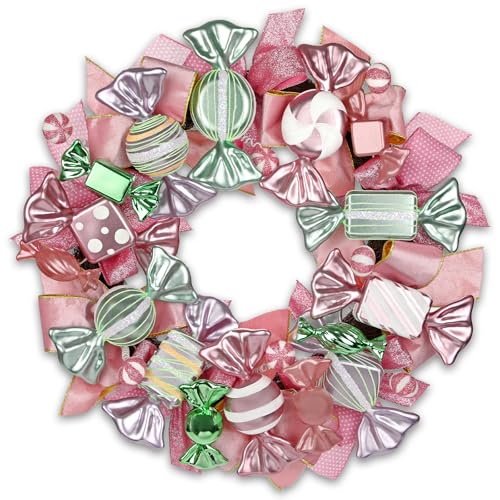 20 Christmas Wreath with Candy Themed for Front Door Decorations Christmas Door Wreath with Pink & Gold Bow Ornaments for Home Wall Indoor Outdoor Xmas Decor