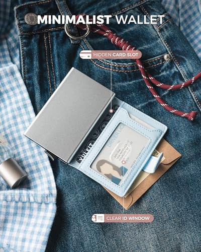 Image of VULKIT Slim Bifold Pop up Wallet Minimalist Leather Card Holder RFID Blocking Metal Card Case with ID Window for Women | with Leather Slots