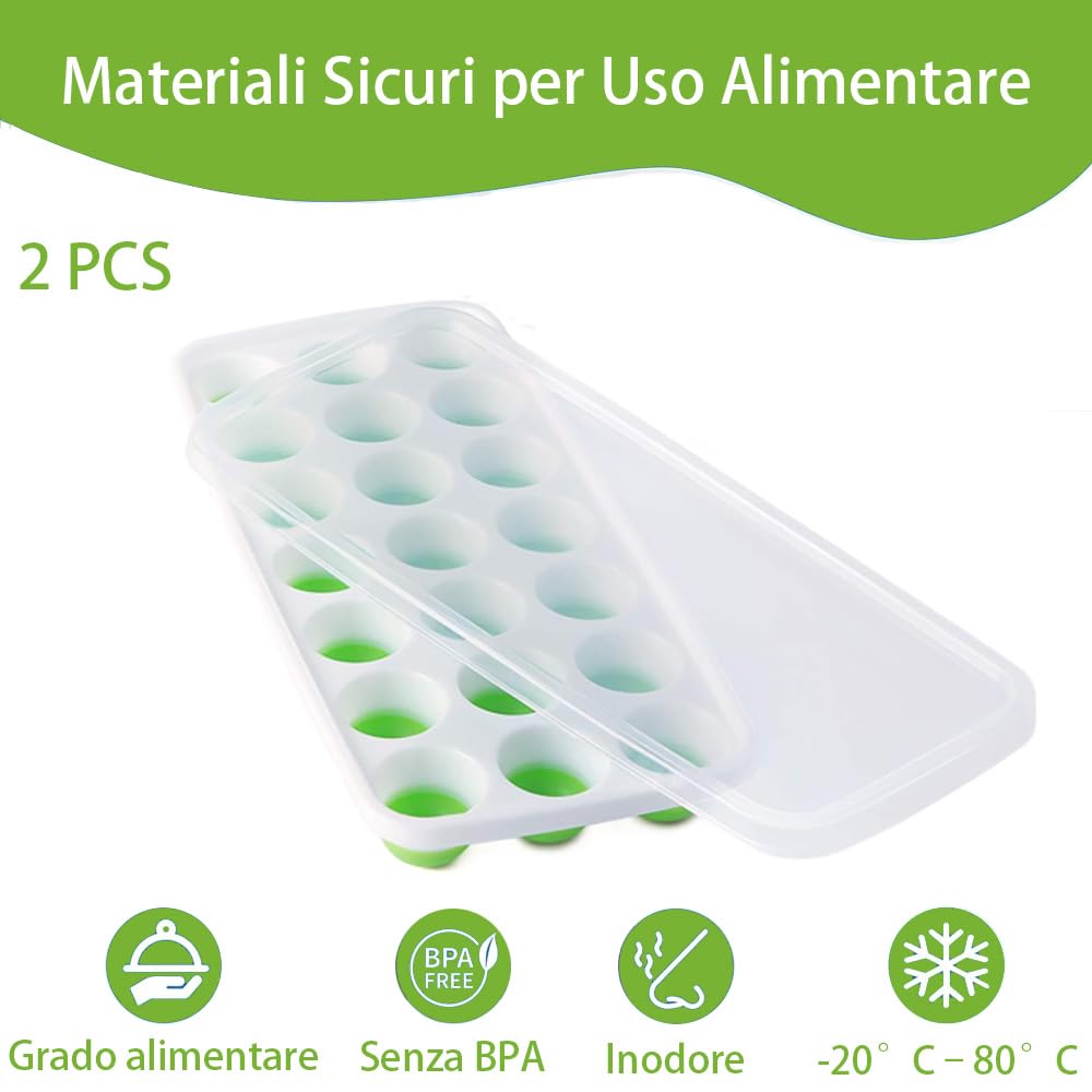 2 Pezzi Stampo Cubetti di Ghiaccio Con Coperchio, Formine Cubi Ghiaccio Silicone 100% Senza BPA Certificato LFGB, Impilabili Vaschette Ghiaccio per Cocktail, Facili da Rilascio