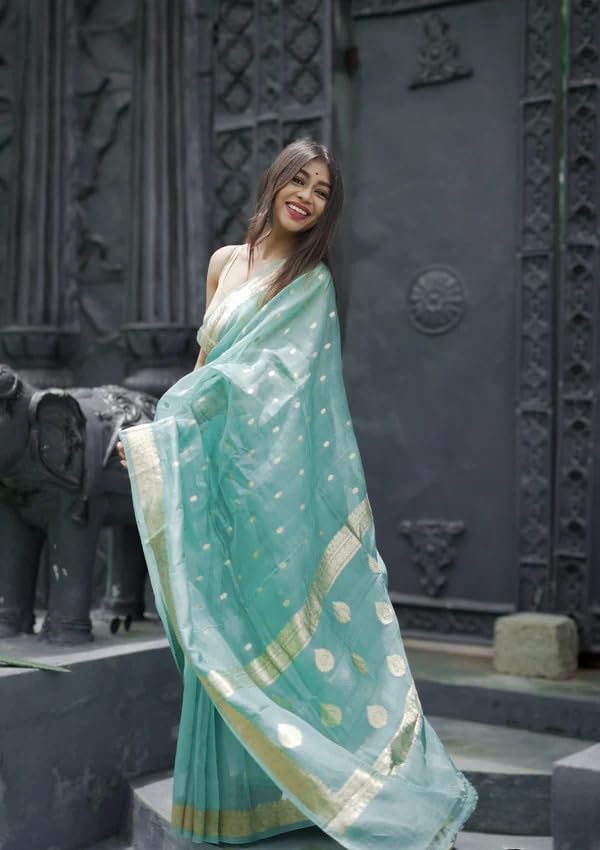 Flosive Women's Cotton Saree With Blouse Piece (Sky)