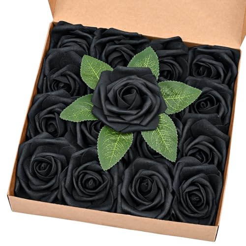BLEUM CADE 16Pcs Artificial Flowers Fake Roses with Stems Black Boxed Foam Roses for DIY Bouquets Centerpieces Wedding Party Arrangement Bridal Shower Decor