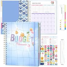 Ospelelf Budget Planner Undated, Money Expense Tracker with Pockets & Stickers, Thick Cardboard Cover, Large Pages for Spacious Writing, Original Fun Colorful Design, 12 Month Financial Notebook, Blue Pool