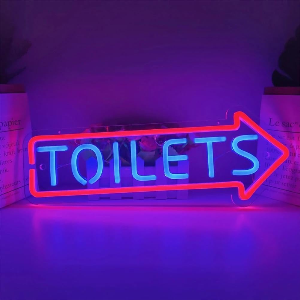 Zayeksole Right Toilets Led Neon Signs With Arrow For Wall Decor, Usb Powered, Three Level Dimming, Washroom Neon Light For Bathroom, Wc,,50X19cm