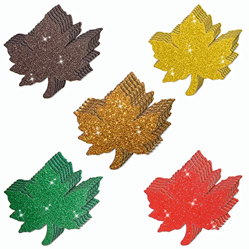 150Pcs Maple Leaves Cutouts Glitter Paper Fall Leaves Die Cuts Colorful Artificial Confetti Leaf Autumn Paper Leaf Thanksgiving Decor with Glue Points for Classroom Bulletin Board Autumn Theme Party