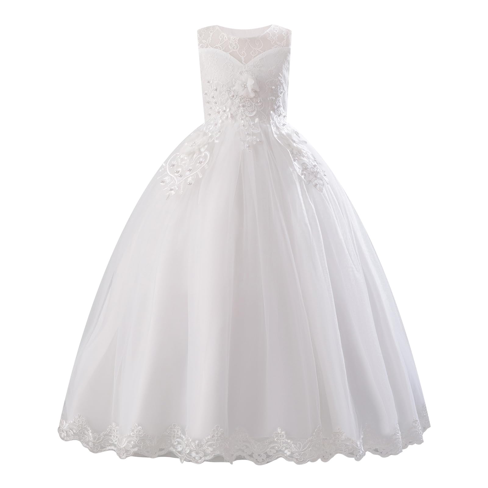 IMEKIS Vestido de dama de honor para niña, sin mangas, bordado floral, de encaje, vestido de tul, elegante, para cumpleaños, fiesta, primera comunión, vestido de fiesta