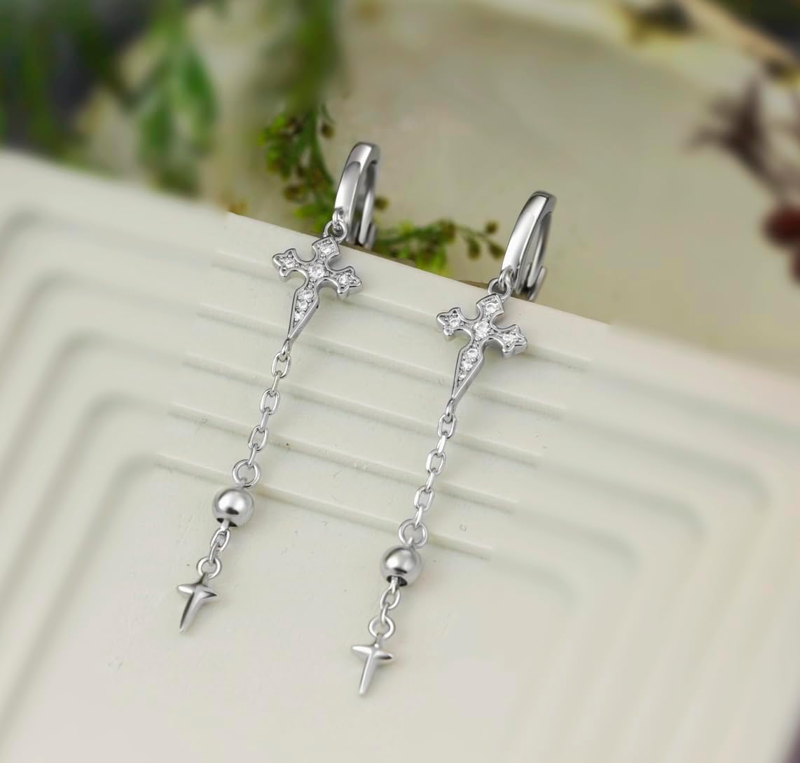 Rhodium Plated Shiny Rhinestone Huggie Hoop Dangle Cross Earrings for Women lightweight/Hypoallergenic With Small Ball Nickel Free Family Friends Gifts - Image 3