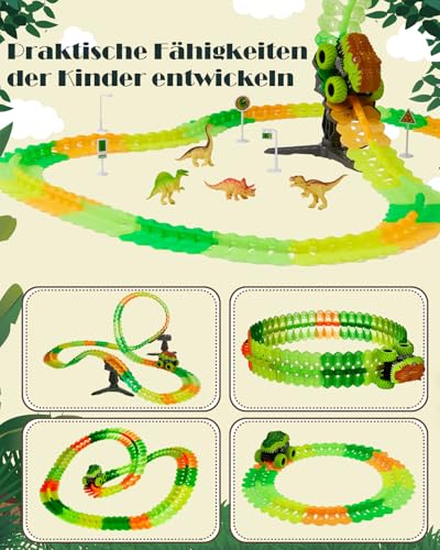 GleamKid Spielzeug ab 3 Jahre Autorennbahn Auto Set,Dinosaurier Auto Spielzeuge,Leucht Flexible Autorennbahn Rennbahn Kinder Spielzeug,Geschenk für Kinder ab 3 4 5 6 7 8 Jahre Jungen Mädche