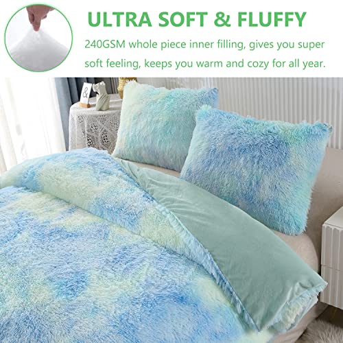 Perfemet Green Faux Fur Fluffy Comforter Set Twin Size 3Pcs Plush Shaggy Tie Dye Rainbow Bedding Comforter Set Soft Velvet Fuzzy Furry Bed Comforter For Teens Girls Women (Green Teal Ombre, Twin) #TOP3