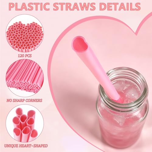 120 pitillos plásticos forma corazón rosa desechables miniatura 3