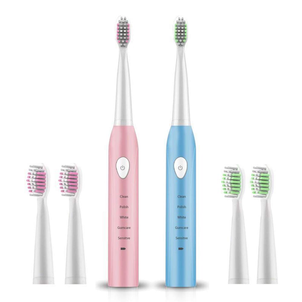 2PCS Adult Waterproof Ultrasonic Automatic 5 Mode Powerful Ultrasonic Electric Toothbrush USB Rechargeable Tooth Brush with 4 Replacement Brush Heads?holiday gift for Christmas, etc.