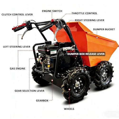Carretilla para construcción RENDGO con capacidad de carga de 660 lbs, motor a gasolina 208cc 6.5HP, caja de cambios 3 adelante + 1 reversa, tracción en las cuatro ruedas, color naranja miniatura 5