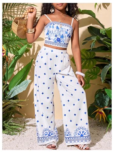 Image of Floerns Girl's 2 Piece Outfit Hawaiian Tropical Crop Cami Tops and Boho Pants Set