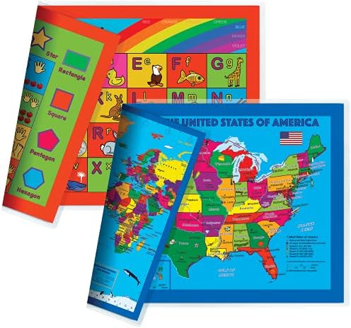 Natural Learning Children's Placemat (One 4-in-1 Alphabet, Numbers, Shapes, Colors and One USA / USA Centered World (2 Pack))