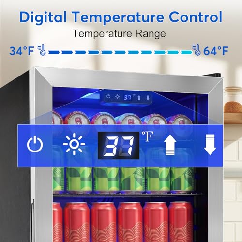 Image of FoMup Beverage Refrigerator 150 Can with Glass Door - Mini Drink Cooler with Reversible Door, Safety Lock & Temperature Control, Small Fridge for Beer Soda Wine, Compact for Dorm Office Hotel