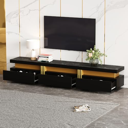 OCACA Mueble de TV moderno con aspecto de mármol, mueble de TV de 200 x 40 x 42 cm, para televisores de hasta 90 pulgadas, tres cajones y 1 gestión de cables