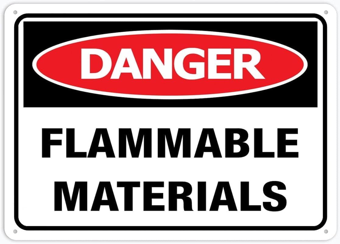 Danger Flammable Materials Rust Free Aluminum Tin Sign - Warning Decor with Pre-Drilled Holes for Indoor-Outdoor Factory Storage, Lab Flammable Zone, Warehouse - 8x12 Inch​