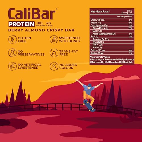 Image of CaliBar 10g Protein Bar - Berry Almond Crispy Bar (Pack of 4) With Real Cranberry & Blackcurrant Bits, Low In Sugar, Sweetened With Honey, Gluten-Free, 4g Fiber, No Preservatives, Delicious Taste & 100% Veg. | Guilt-Free snacking for High Protein diets, Sustained Energy, Fitness & Immunity (40g x 4 Bars)