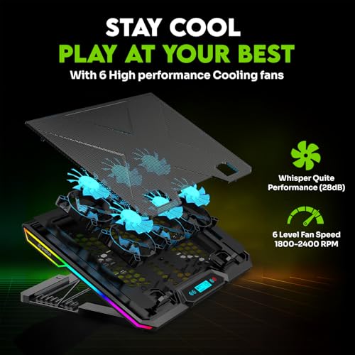 Image of SpinBot Airflow X20 Laptop Cooling Pad | 6 High-Speed Fans | 7 RGB Modes | Adjustable Height | Quiet 1800-2400 RPM Operation | Dual USB Ports | Fits Laptops up to 17.3 Inches