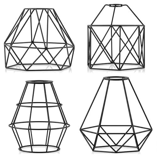 Baquler 4 Pack Metal Cage Lamp Shades Black Wire Frame Light Covers Industrial Farmhouse Pendant Lamp Shades for Hanging Lights Kitchen Island Dining Room Bedroom Home Decor
