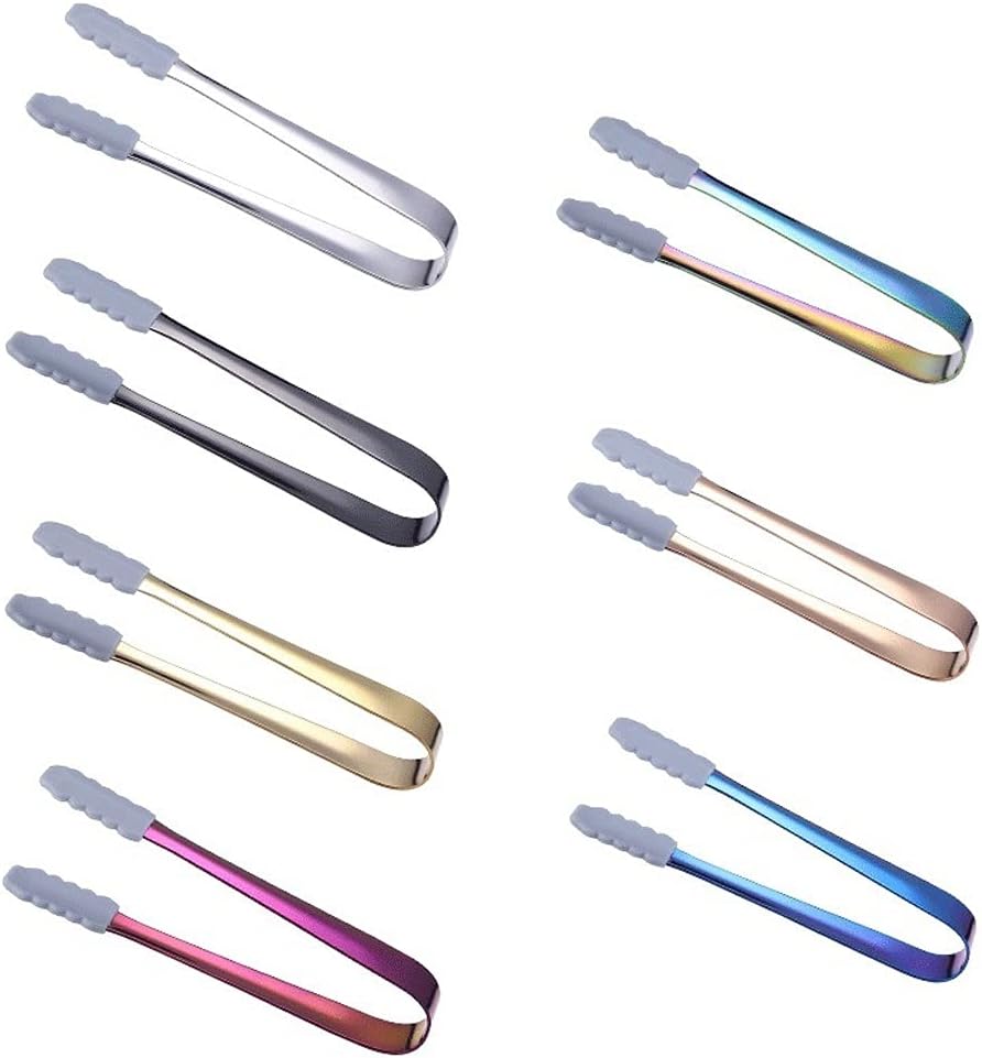 Cooking Tongs 1pc Stainless Steel Ice Tongs with Silicone Head Non-Slip Creative Gilded Food Ice Tongs Kitchen Stuff BBQ (B)