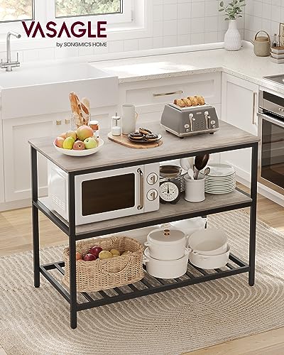 Image of VASAGLE Kitchen Island with 3 Shelves, 47.2 Inches Width Kitchen Shelf with Large Worktop, Stable Steel Structure, Industrial, Easy to Assemble, Greige and Black UKKI001B02