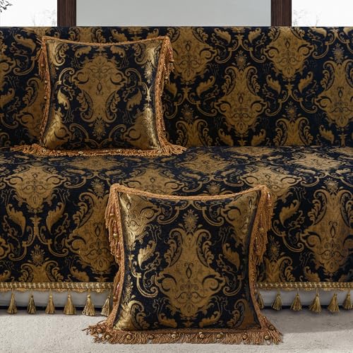 Loom and Mill Luxury Throw Pillow Cover 20 x 20 Inches 1 Piece, Jacquard Decorative Chenille Square Pillow Cover Pillowcase with Lace Edge and Tassels for Bed Couch Sofa Party Home Decor, Black&Gold