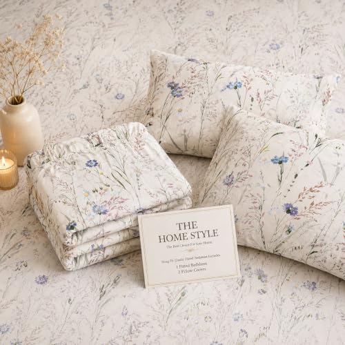 Image of THE HOME STYLE Cotton Feel Glace Cotton Elastic Fitted Printed King Size Double Bed Bedsheet with 2 Pillow Cover Fits Upto 8 Inches Mattress, 300TC (72 inchx78 inch, Ivory Wildflower)