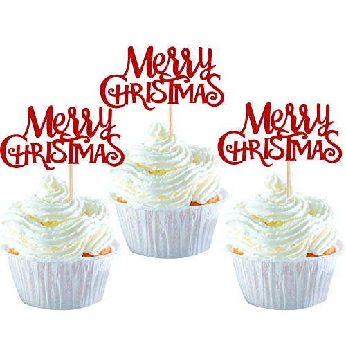 24 Pack Red Merry Christmas Cupcake Toppers Glitter Christmas Holiday Cupcake Picks Merry Christmas Xmas Theme Party Cake Decorations Supplies #TOP25