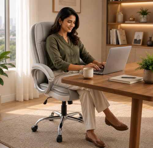 Image of GOYALSON Ergonomic Office Chair | Leatherette Seating Chair with Adjustable Height | 360 Revovling Chair | Comfortable Padded Seating /Suitable for Office /Study (White & Grey)