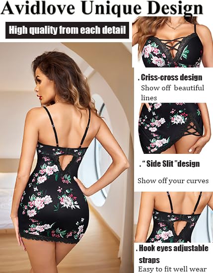 Avidlove Women Sexy Nightgown Lace Babydoll Chemises V-Neck Modal Sleepwear Full Slip Side Slit Sleep Dress XS-XXL