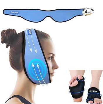 Comfpack Wisdom Teeth Ice Pack Head Wrap After Surgery, Face Ice Pack for TMJ, 4 Reusable Hot & Cold Therapy Gel Packs & Foot Ice Pack Wraps for Bunion, 2 Packs Forefoot Toe Ice Packs