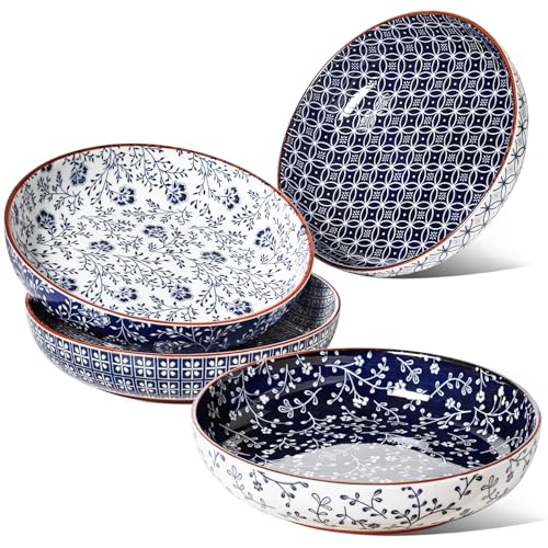 LE TAUCI Pasta Bowl 32 oz, Ceramic Salad Bowl, Japanese-Style Plate Bowls for Serving Pasta, Fruits, Salad, Noodle, Dinner, Soup, Mircrowave Oven Dishwasher Safe - 8.2 Inch, Set of 4, Vintage Blue