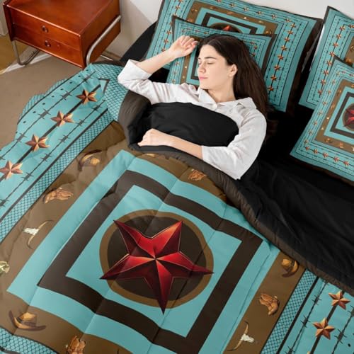 Image of Red Western Texas Star King Size Comforter Set with Sheets | Bull Skull 7 Piece Bedding Set Cowboys Gifts Western Bed in a Bag,Cowboy Boots for Boys Brown Cowboy Hats Boho Rustic Farmhouse Decor