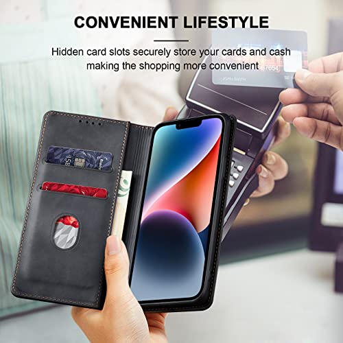 Image of Jasonyu Flip Wallet Case for iPhone 14,Leather Magnetic Folio Cover with Card Holder,Kickstand - TPU Shockproof Durable Protective Phone Case,Black