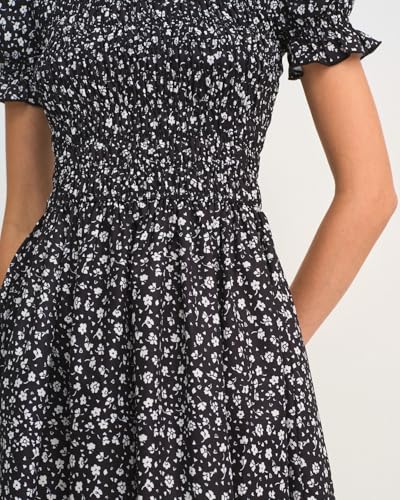 Image of RIHOAS Plaid Gingham Midi Dress Short Sleeve Smocked Dresses for Women | Cotton,Ruffle Puff Sleeves,Vintage Brown,Spring Summer Casual Daily,Picnic,Travel,Vacation,Christmas Festive Occasions